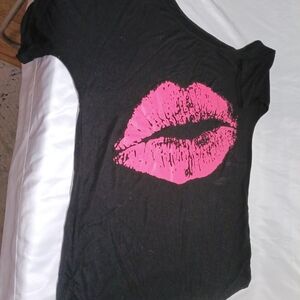 Black Tee with Pink Lip Print